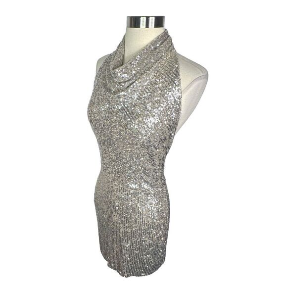 Gianni Bini Jada Silver Sequin Halter Dress - Size 10 - Picture 3 of 6